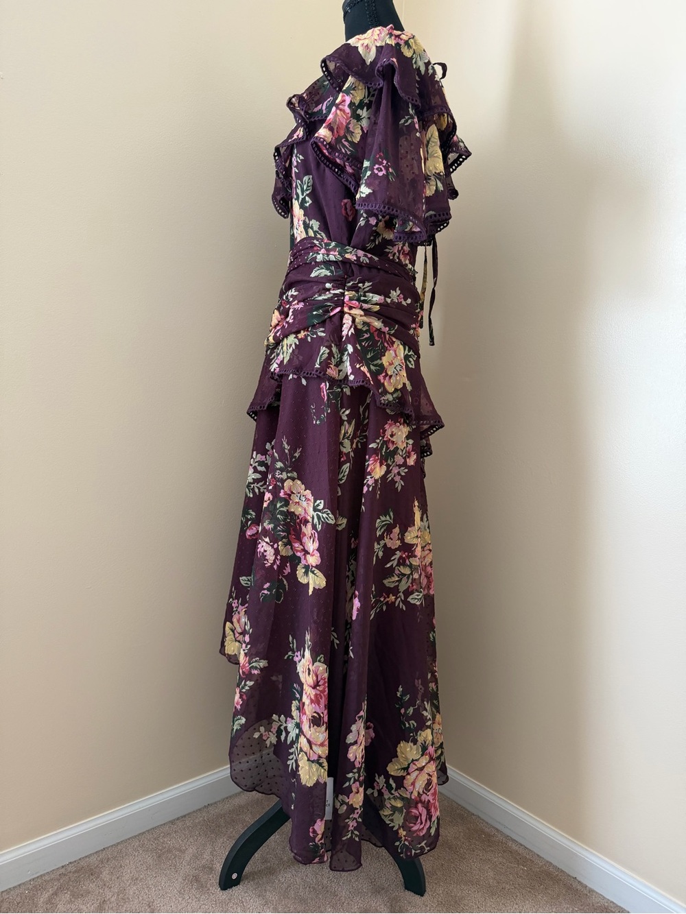 ASOS Ladies Floral Ruffle Maxi Dress in Plum Floral - Picture 2 of 5